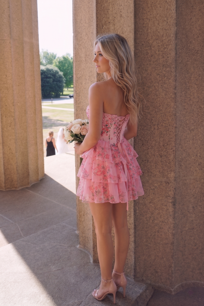 Strapless Pink Floral Print Tiered Ruffle A-Line Homecoming Dress, PD3682