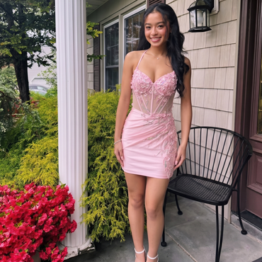 Pink Satin Lace Appliques Corset Halter Neck Homecoming Dress, PD3683