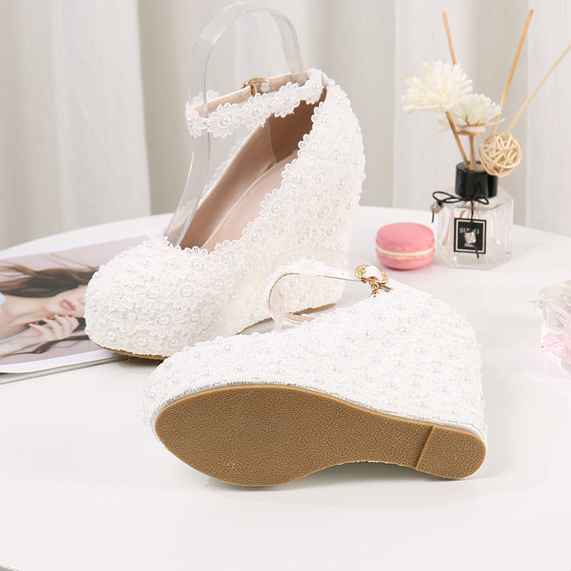 Buckle Wedge Lace White Wedding Shoes