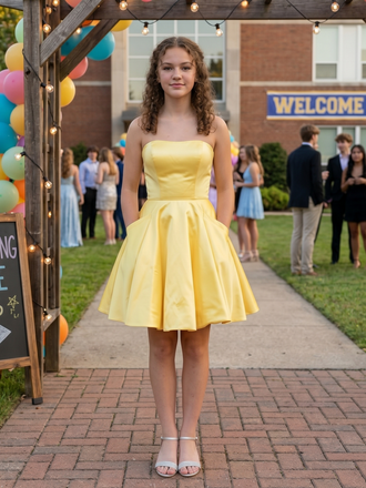 Simple Yellow Satin Strapless Short Homecoming Dress With Pockets, PD3681