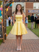 Simple Yellow Satin Strapless Short Homecoming Dress With Pockets, PD3681