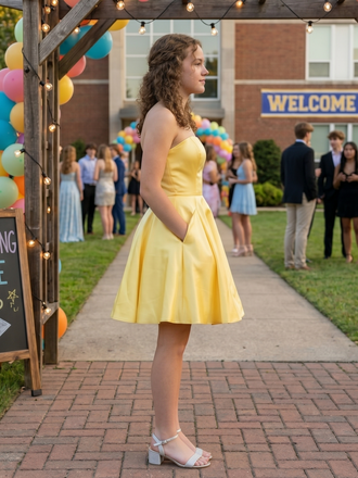 Simple Yellow Satin Strapless Short Homecoming Dress With Pockets, PD3681