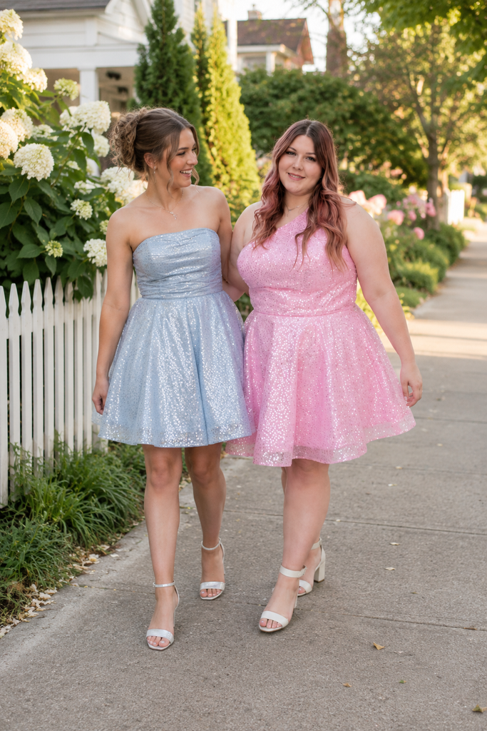 Pink Sequin One Shoulder Plus Size A-Line Homecoming Dress, PD3698
