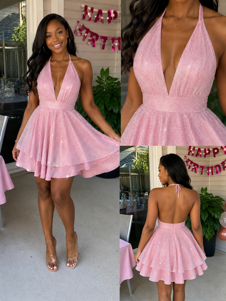 Pink Glitter Halter Tiered A-Line Homecoming Mini Dress, PD3700