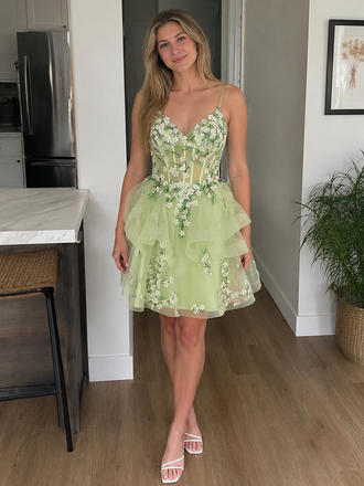 Light Green Floral Lace Tulle Spaghetti Strap Ruffle Mini Homecoming Dress, PD3701