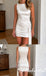 Glossy White Satin Boat Neck Mini Dress With Long Sash For Homecoming Party, PD3708