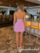 Bubble Pink Glitter Halter Deep V Cutout Tie Waist Mini Homecoming Dress, PD3711
