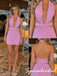 Bubble Pink Glitter Halter Deep V Cutout Tie Waist Mini Homecoming Dress, PD3711