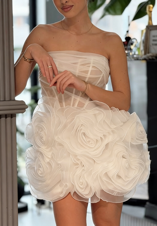 Elegant Strapless Mini Homecoming Dress | Sheer Corset Bodice with 3D Rose Floral Skirt, Cocktail Party Dress, PD3672