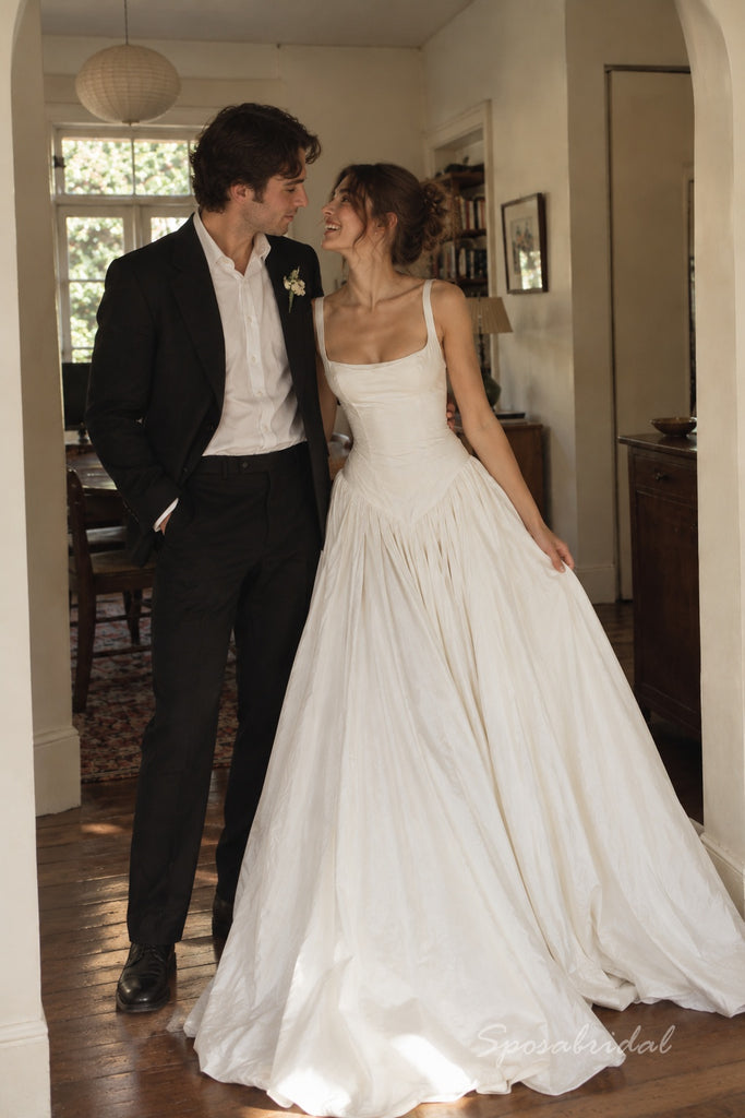 Ivory Matte Stretch Crepe Square Neck Thick Strap Corset Ball Gown Wedding Dress With Train,WD3135