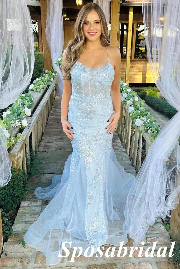 Sexy Blue Tulle And Lace Spaghetti Straps Lace Up Back Mermaid Long Prom Dresses, PD3827
