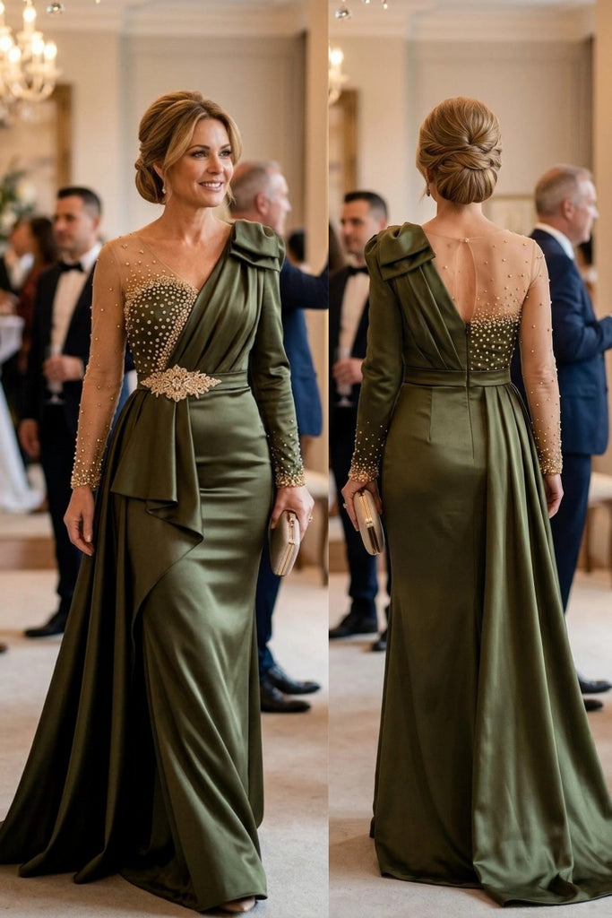 Elegant Olive Green Satin Long Sleeves Formal Mother of the Groom Dress with Belt, SFM018