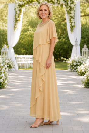 Beaded Neckline Champagne Chiffon Long Mother of the Bride Dress, SFM019