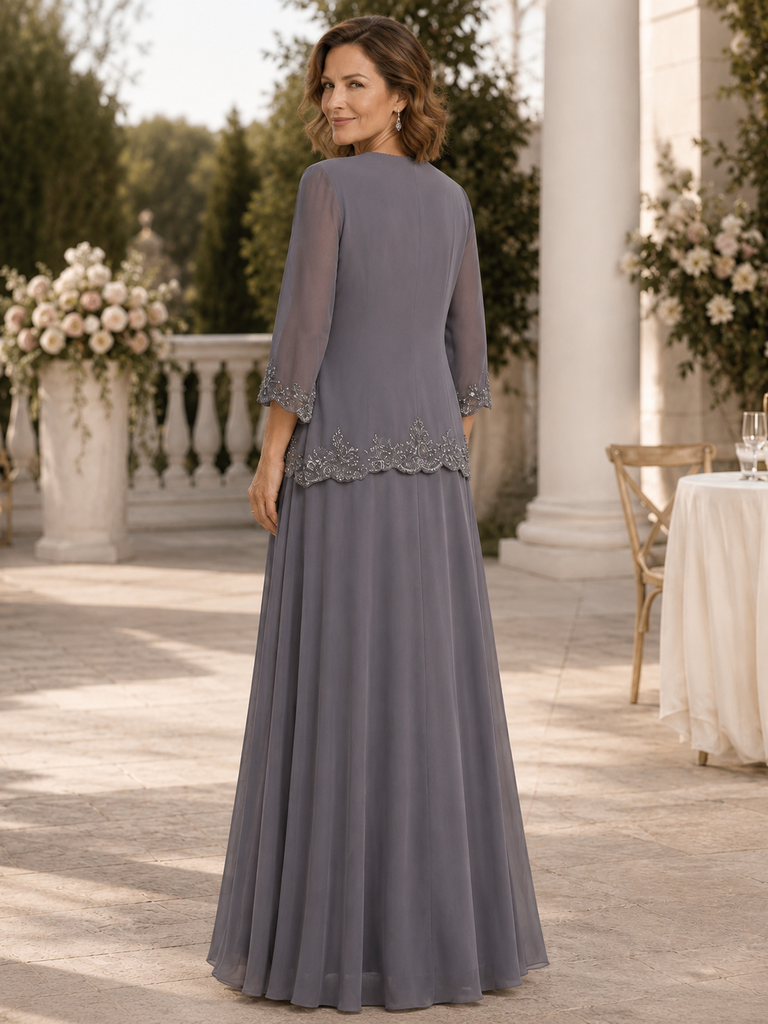Lace Applique Grey Chiffon Two Piece Mother of the Bride Dress, SFM021