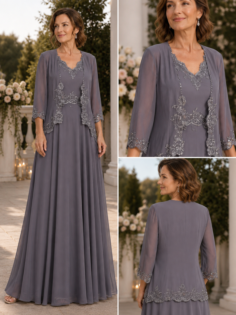 Lace Applique Grey Chiffon Two Piece Mother of the Bride Dress, SFM021