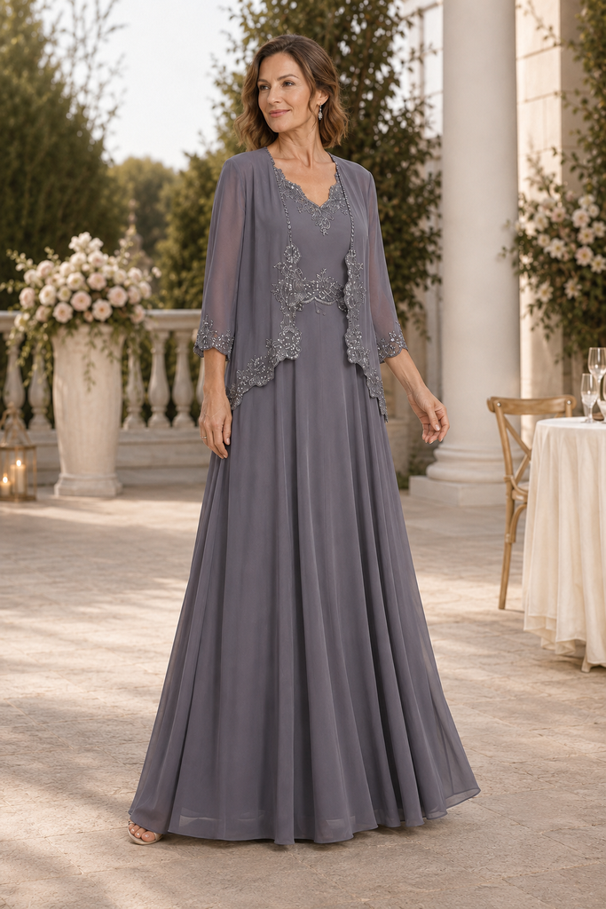 Lace Applique Grey Chiffon Two Piece Mother of the Bride Dress, SFM021