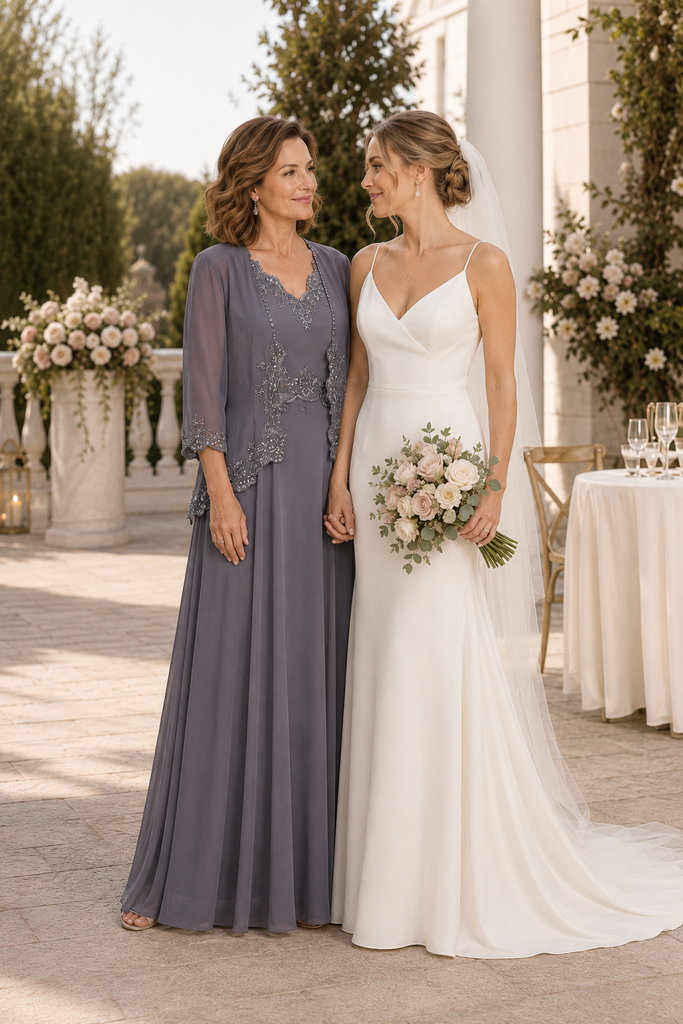 Lace Applique Grey Chiffon Two Piece Mother of the Bride Dress, SFM021