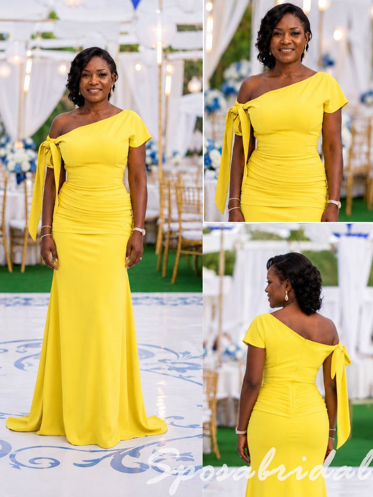 Bright Yellow Crepe One Shoulder Mermaid Mother Of The Bride Gown With Side Bow, SFM022