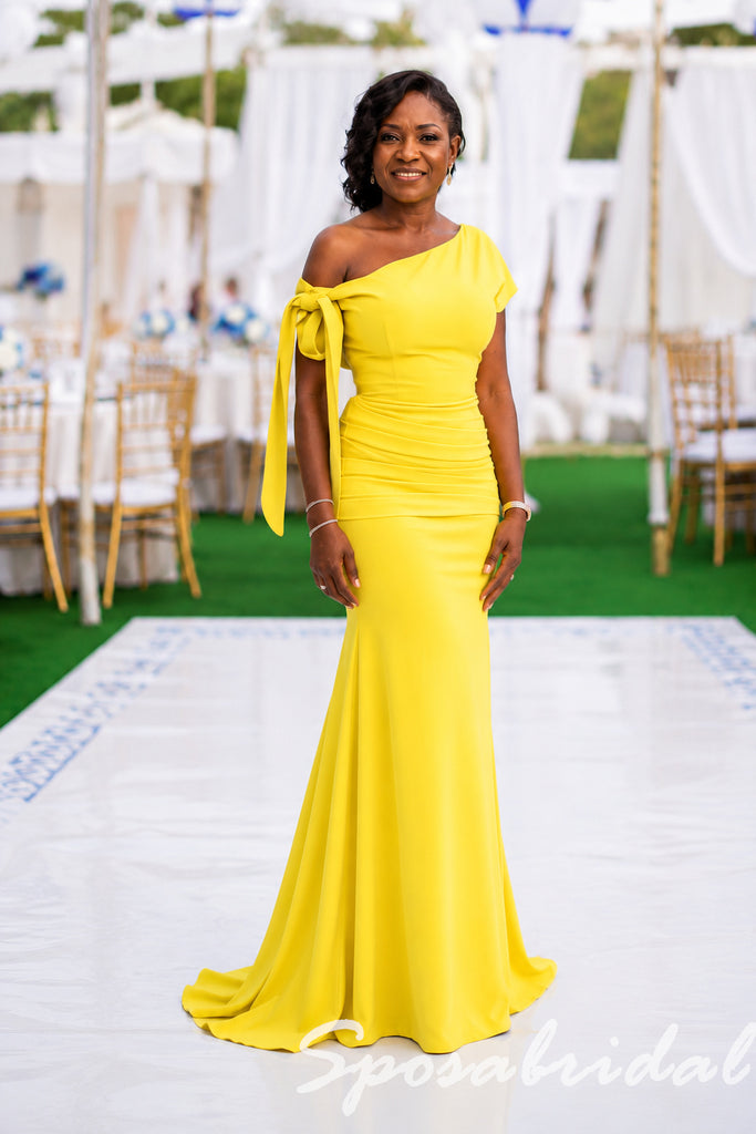 Bright Yellow Crepe One Shoulder Mermaid Mother Of The Bride Gown With Side Bow, SFM022