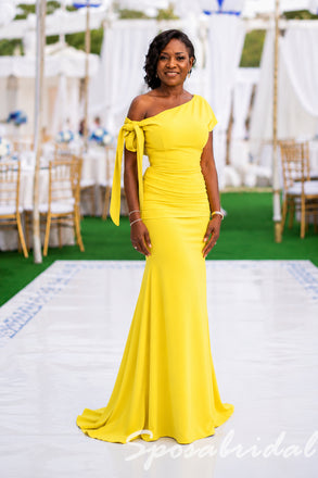 Bright Yellow Crepe One Shoulder Mermaid Mother Of The Bride Gown With Side Bow, SFM022
