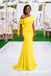 Bright Yellow Crepe One Shoulder Mermaid Mother Of The Bride Gown With Side Bow, SFM022