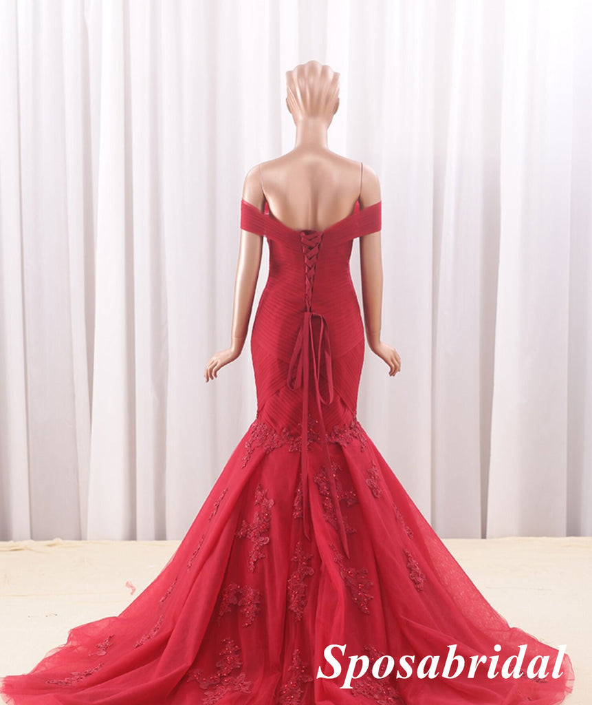 Elegant Red Tulle Off Shoulder Sleeveless Mermaid Long Prom Dress Formal Party Dress, PD3991