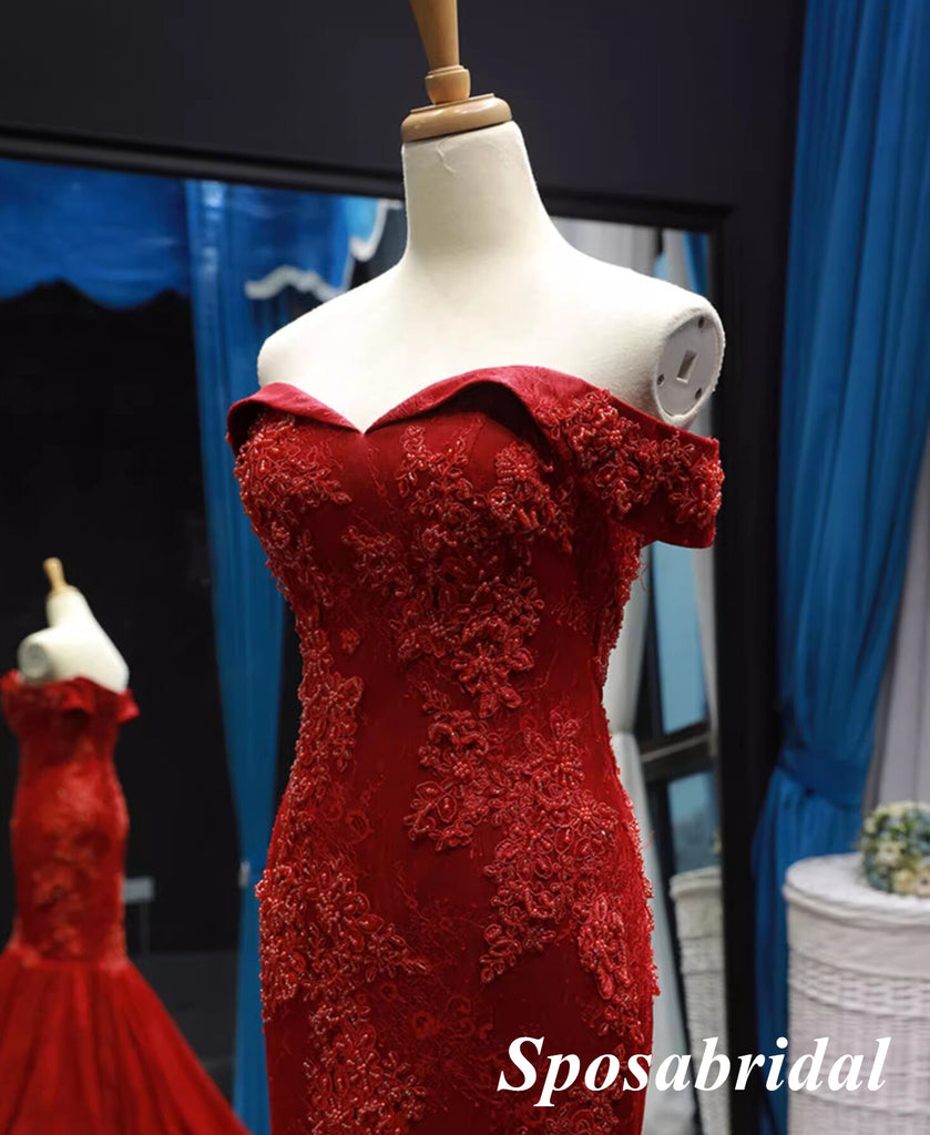 Elegant Red Tulle And Lace Off Shoulder Sleeveless Mermaid Long Prom Dress Formal Party Dress, PD3990