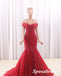 Elegant Red Tulle Off Shoulder Sleeveless Mermaid Long Prom Dress Formal Party Dress, PD3991