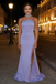 Light Purple Strapless Beaded Mermaid Prom Dress with High Slit, PD4127