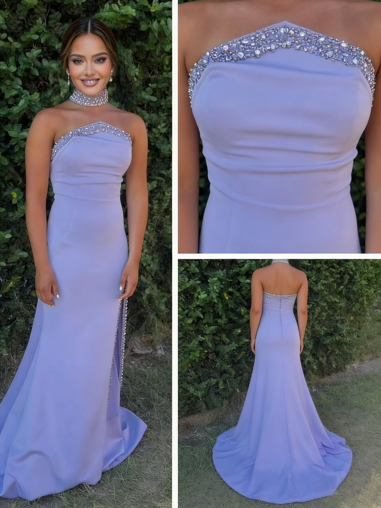 Light Purple Strapless Beaded Mermaid Prom Dress with High Slit, PD4127
