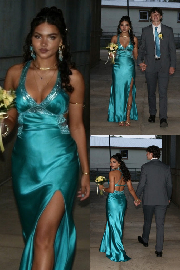 Teal Satin Spaghetti Straps High Slit Formal Evening Gown for Prom, PD4129