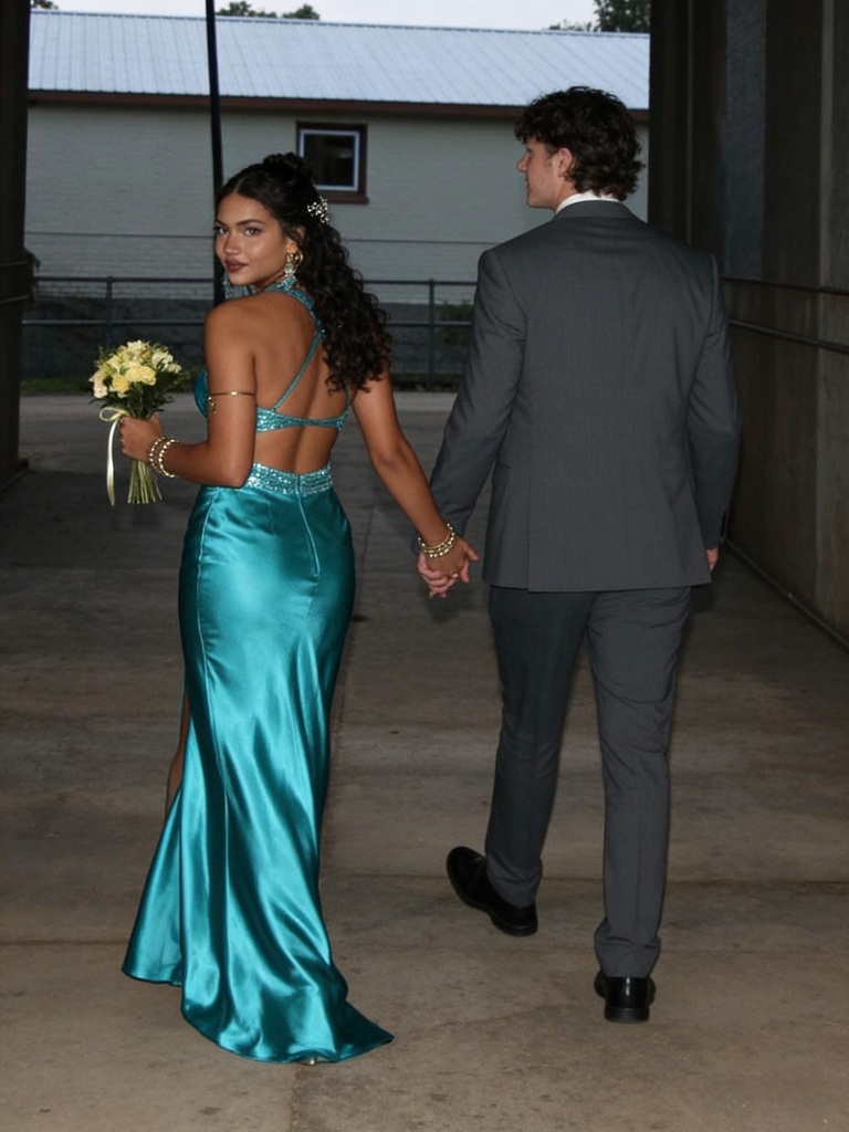Teal Satin Spaghetti Straps High Slit Formal Evening Gown for Prom, PD4129
