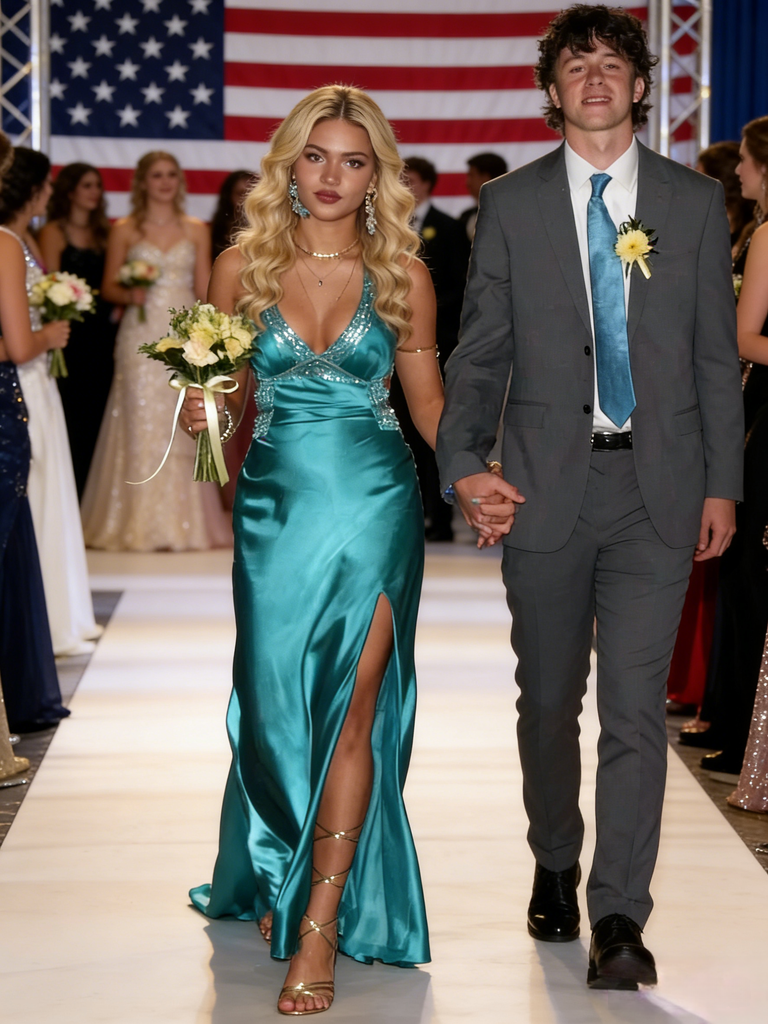 Teal Satin Spaghetti Straps High Slit Formal Evening Gown for Prom, PD4129