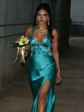 Teal Satin Spaghetti Straps High Slit Formal Evening Gown for Prom, PD4129