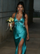 Teal Satin Spaghetti Straps High Slit Formal Evening Gown for Prom, PD4129