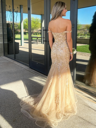 Champagne Gold Sequin Off Shoulder Mermaid Prom Dress with Tulle Train, PD4128