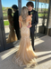 Champagne Gold Sequin Off Shoulder Mermaid Prom Dress with Tulle Train, PD4128