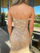 Champagne Gold Sequin Off Shoulder Mermaid Prom Dress with Tulle Train, PD4128