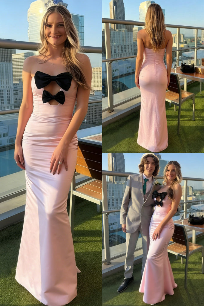 Pink Satin Strapless Bow Detail Mermaid Formal Evening Gown, PD4131