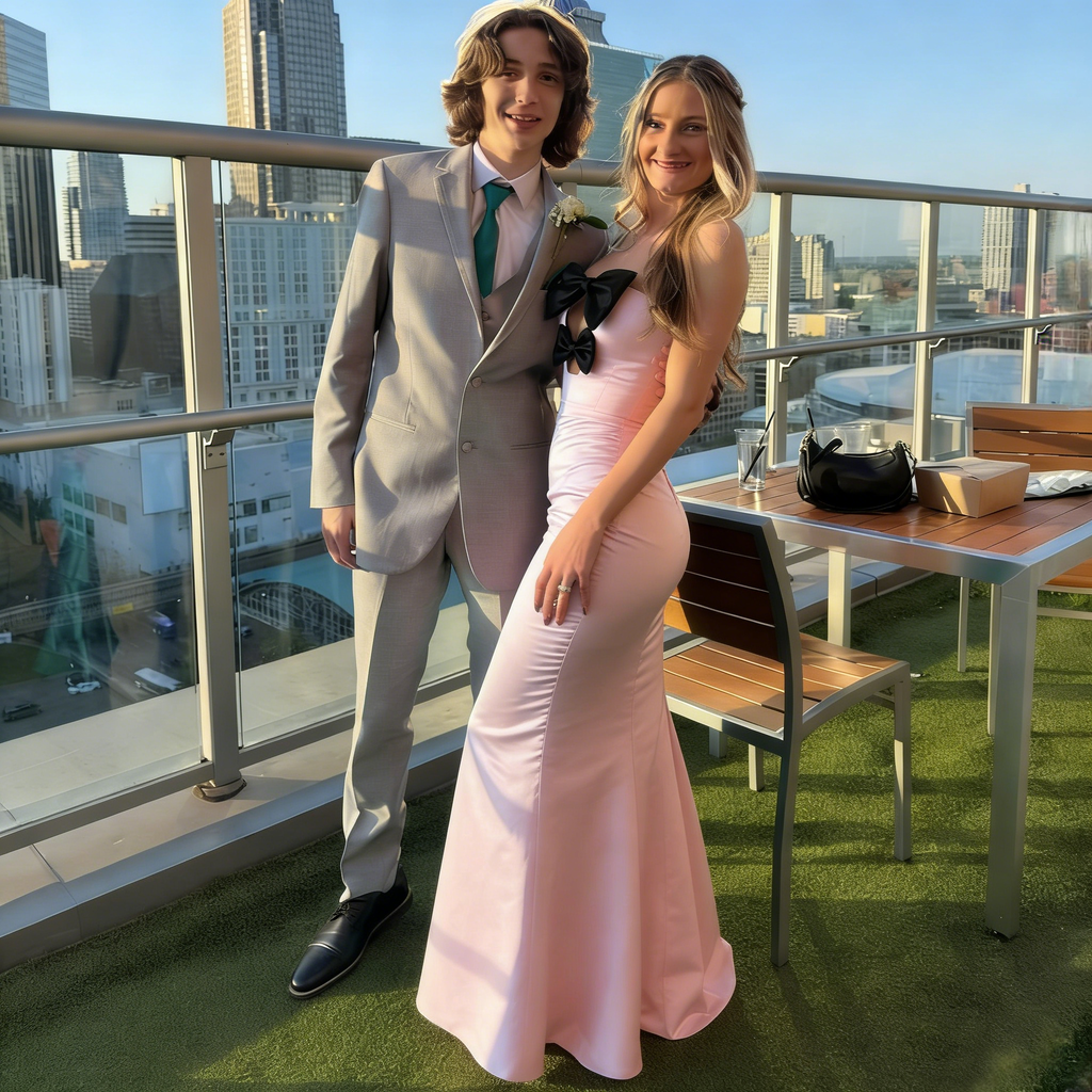 Pink Satin Strapless Bow Detail Mermaid Formal Evening Gown, PD4131