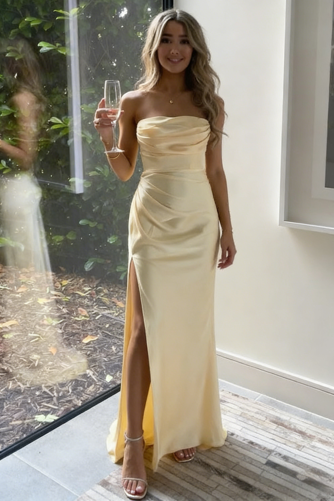 Butter Yellow Strapless Satin Prom Gown, Ruched Bodycon Dress with Side Slit, PD4134