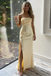 Butter Yellow Strapless Satin Prom Gown, Ruched Bodycon Dress with Side Slit, PD4134