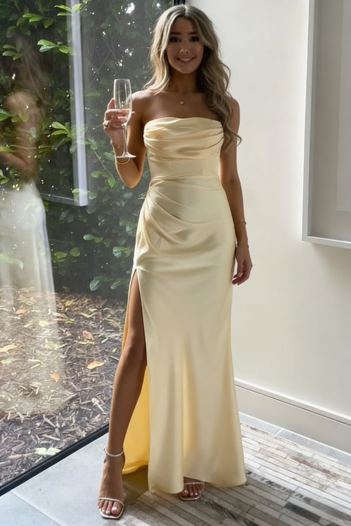 Butter Yellow Strapless Satin Prom Gown, Ruched Bodycon Dress with Side Slit, PD4134