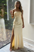 Butter Yellow Strapless Satin Prom Gown, Ruched Bodycon Dress with Side Slit, PD4134