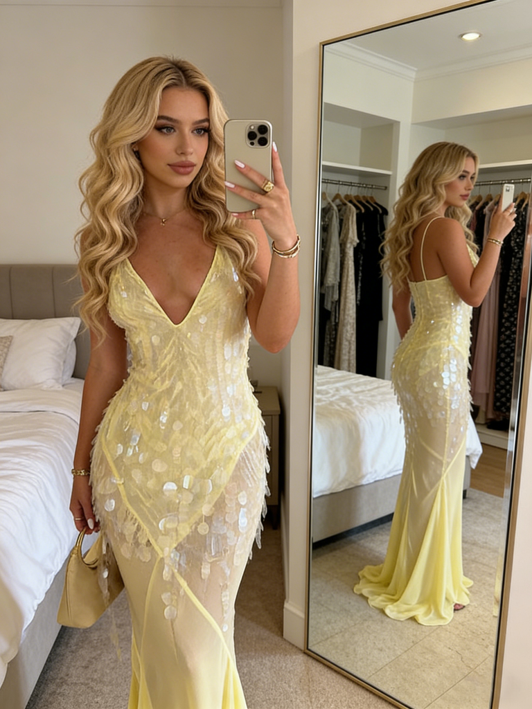 Lemon Yellow Sequin Spaghetti Strap Mermaid Maxi Dress, Sheer Formal Gown, PD4137