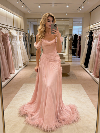 Blush Pink Off Shoulder Feather Trimmed Train Gown, Ruched Formal Evening Dress, PD4138