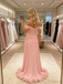 Blush Pink Off Shoulder Feather Trimmed Train Gown, Ruched Formal Evening Dress, PD4138