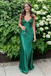 Emerald Green Satin V-Neck Lace Mermaid Maxi Dress Sexy Formal Party Gown, PD4141