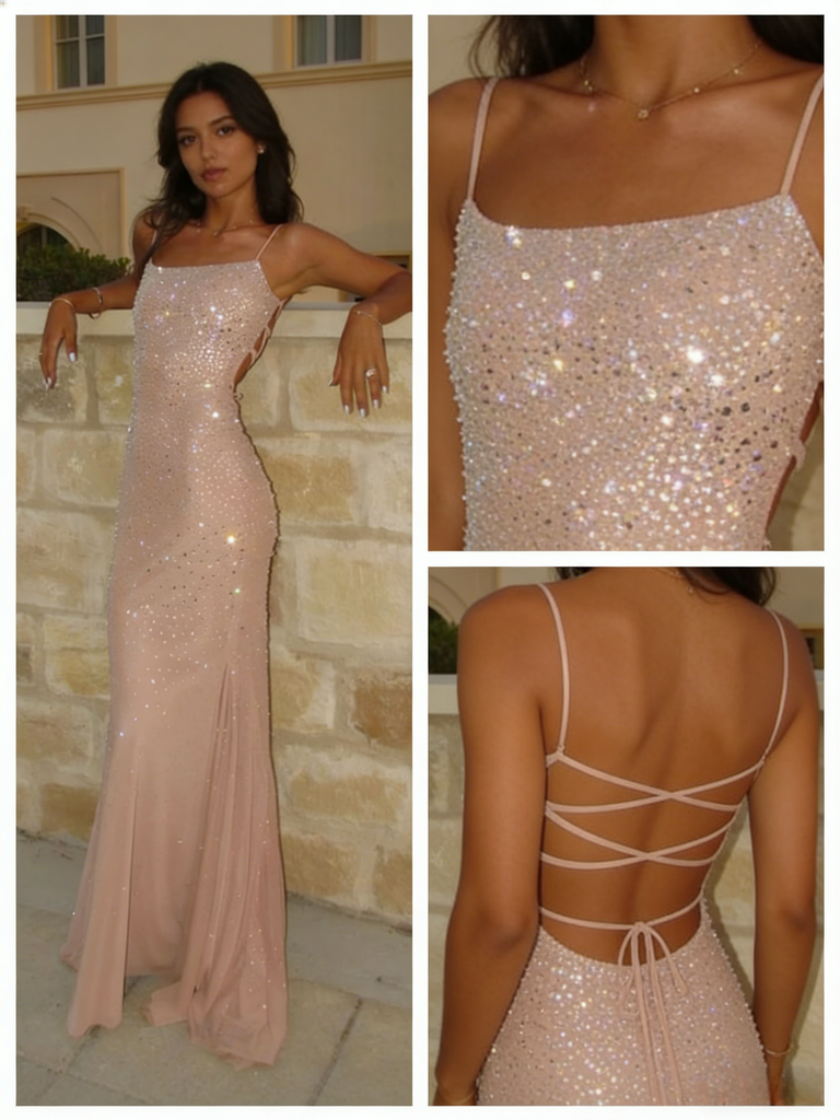 Blush Pink Beaded Spaghetti Strap Mermaid Gown Glamorous Elegant Evening Dress, PD4142