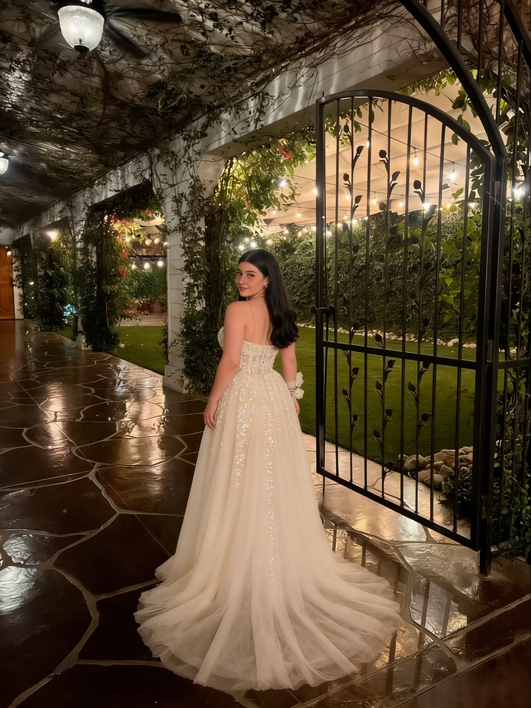 Champagne Sequin Beaded Corset Prom Dress Tulle Skirt Spaghetti Strap Formal Evening Gown, PD4144